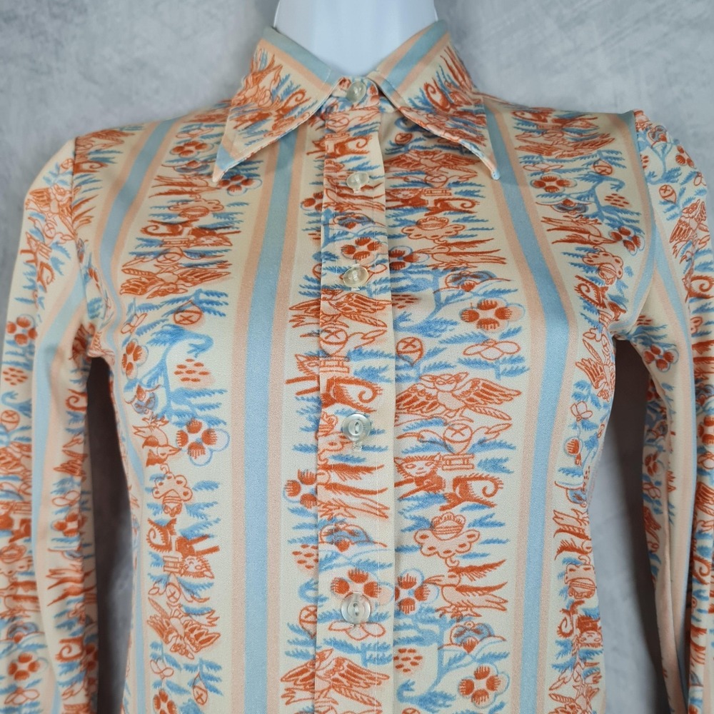 Vintage 70s Shirt Womens Small Novelty Animal Print Button Up Disco Point Collar - Picture 2 of 16